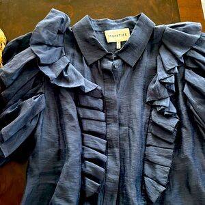 Blue Puff Sleeve Ruffled Blouse with Notched Collar